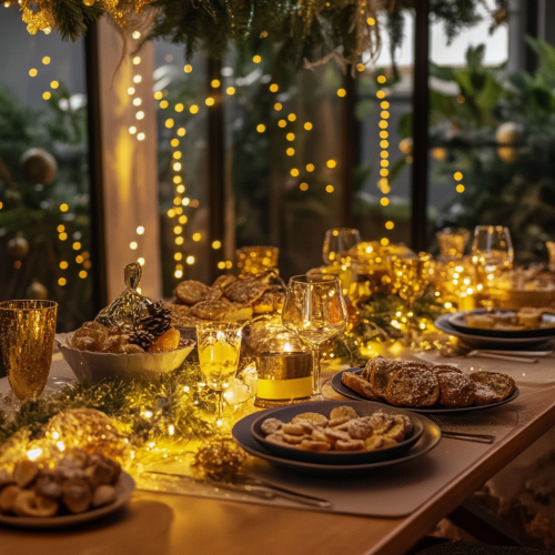 yneon 20645 Christmas dinner table with food and ornamnets. yel d7f21cfa 7b9d 4608 821c 5684b98da3aa